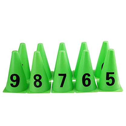 Fydun 10 Pack 23Cm Green Soccer Training Cones Numbered 0 9 Football Markers for Coaching Practice