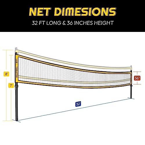 A11N Sports Heavy-Duty 32ft Outdoor Volleyball Net with Anti-Sag System - Portable Set Includes Volleyball, Net, Air Pump, Boundary Markers and Bag - Perfect for Backyard, Beach, and Park