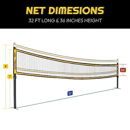 A11N Sports Heavy-Duty 32ft Outdoor Volleyball Net with Anti-Sag System - Portable Set Includes Volleyball, Net, Air Pump, Boundary Markers and Bag - Perfect for Backyard, Beach, and Park