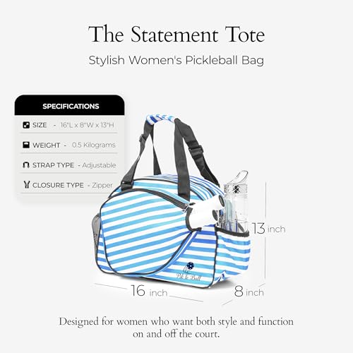 Pik’le’Ball Sport Premium Women's Pickleball Bag – Stylish and Versatile Sports Bag with Water Bottle Holder, Padded Paddle Pocket, and Spacious Design (fits 2+ Paddles!) - color: Stylish Stripe Blue