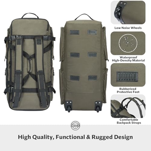 STOVER 45/80/100L U-Zip Rolling Duffel Bag with Wheels, X-Large Durable Travel Duffle + Toiletry Bag, Lay-Flat Opening, Packable w/Shoulder Straps- Use as Luggage or Backpack, Men/Women (Green) - color: U-Zip Green