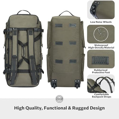 STOVER 45/80/100L U-Zip Rolling Duffel Bag with Wheels, X-Large Durable Travel Duffle + Toiletry Bag, Lay-Flat Opening, Packable w/Shoulder Straps- Use as Luggage or Backpack, Men/Women (Green) - color: U-Zip Green