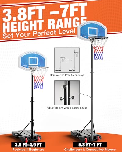 SPOYNAL LED Portable Basketball Hoop for Teens, Adjustable Height 3.8 FT–7 FT Goal System, with Fillable Base & Wheels | Perfect for Driveway, Poolside, Garage & Night Training, Pool Basketball Hoop