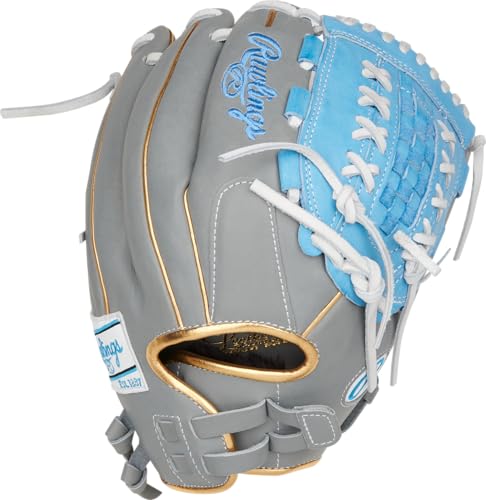 Rawlings | Liberty Advanced Color Series Fastpitch Softball Glove - color: Grey / Columbia Blue / Gold | X-Laced Basket Web, size: 12.5" | Utility