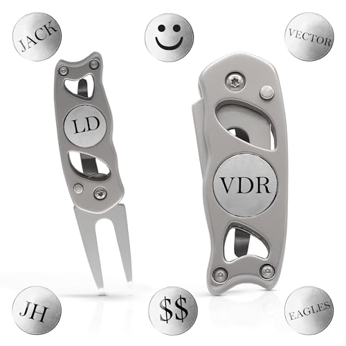 Indiana Metal Craft Switchblade Golf Divot Repair Tool Stainless Steel Personalized with 2 Ball Markers (1 Spare), Silver