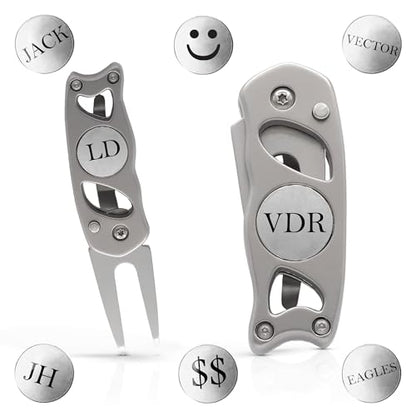 Indiana Metal Craft Switchblade Golf Divot Repair Tool Stainless Steel Personalized with 2 Ball Markers (1 Spare), Silver