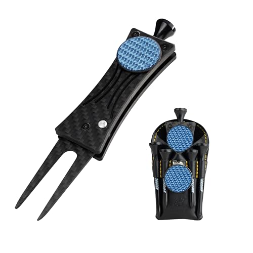 SANDIAN, Golf Divot Repair Tool, Strong Super Light Carbon Fiber T800 Made Switchblade Foldable, Magnetic Ball Marker, Leather Holster, Easy to Carry in Pocket, for Professional and All Golfers