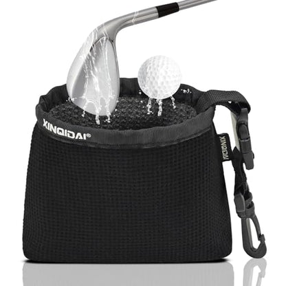 Golf Club and Golf Ball Cleaning Bag - Cleans Club Grooves, Golf Bag Accessories,Waterproof Clean Face Tech, Detachable Clip, Machine Washable,Golfer Gifts for Men(1-Pack,BLACK) - color: Black