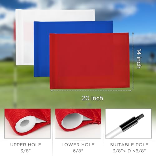 KINGTOP Standard Golf Flags with Tube Inserted, All 20" L x 14" H, Practice Putting Green Flag for Yard, Tournament Course, 420D Nylon PGA Regulation Chipping Pin Flag - color: 14x20 Inch- Red, Blue and White, 3-pk