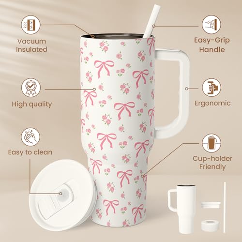 Bow Tumbler with Handle 40oz, Stainless Steel Insulated Tumblers Coffee Travel Cup with Slider Straw Lid, Gifts for Women Teen Girls Birthday - color: Bow