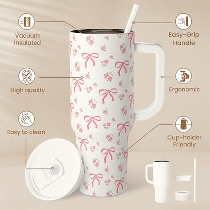Bow Tumbler with Handle 40oz, Stainless Steel Insulated Tumblers Coffee Travel Cup with Slider Straw Lid, Gifts for Women Teen Girls Birthday - color: Bow