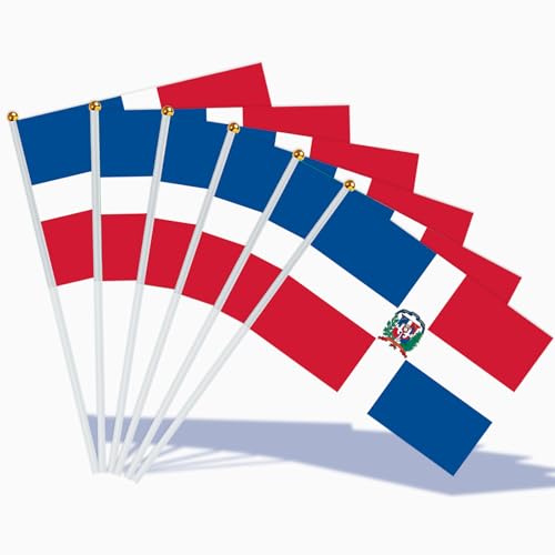 AhfuLife 15pcs Dominican Republic Hand Held Flag, 5.5 X 8.2 Inch Dominican Flags on Stick, Small Flags with 11.8 Inch Poles for National Day Independence Day Garden Street Home Party Football Decorations - color: Dominican, size: 5×8 Inch-15 Pcs
