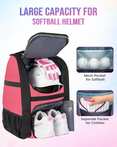 MATEIN Softball Bag, Lightweight Baseball Backpack with Shoe Compartment, Baseball Bag with Fence Hook for TBall Bat & Equipment, Softball Gifts Catchers Backpack for Women Fit Catcher’s Mitt, Helmet - color: Pink Black - Large