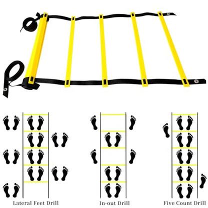 20ft Agility Ladder - Speed Ladder for Soccer with Carry Bag & Straps | 12 Adjustable Rungs | Soccer, Agility Training Equipment | Durable Footwork Ladder for Athletes (Yellow)
