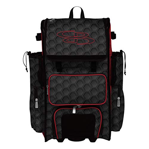 Boombah Rolling Superpack 2.0 3DHC Baseball/Softball Gear Bag - 23-1/2" x 13-1/2" x 9-1/2" - Multiple Colors - Telescopic Handle and Holds 4 Bats - Wheeled Version - color: Black/Red