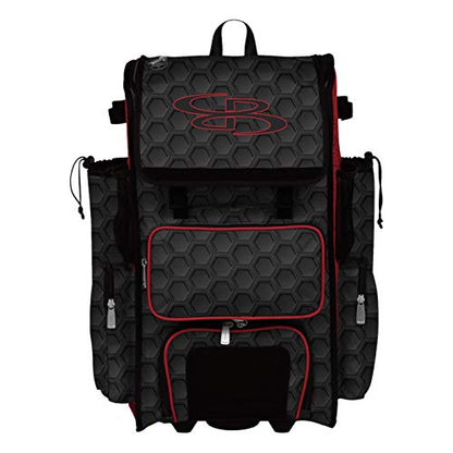 Boombah Rolling Superpack 2.0 3DHC Baseball/Softball Gear Bag - 23-1/2" x 13-1/2" x 9-1/2" - Multiple Colors - Telescopic Handle and Holds 4 Bats - Wheeled Version - color: Black/Red