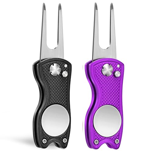 Mile High Life Golf Divot Repair Tool, All Metal Foldable Divot Tool with Pop-up Button & Magnetic Ball Marker, 2-6 Pack - color: 2 Pack (Black/Purple)