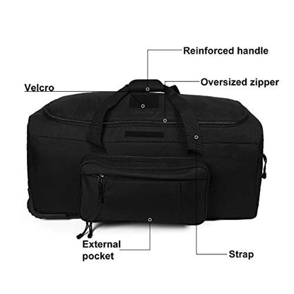 Heavy-Duty X-Large Military Tactical Wheeled Rolling Duffel Trolley Bag For Deployment Traveling Camping Sporting - color: Black
