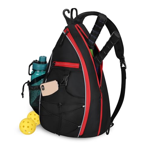 Goloni Pickleball Sling Bag for Men Women, Lightweight Pickleball Backpack with Fence Hook - color: Black Red