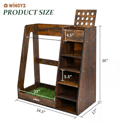 WINGYZ Premium Birch Plywood Golf Bag Storage for 2 Bags | 36lb Rock-Solid Golf Bag Organizer | 7-Shelf Command Center | Artificial Turf 12-Ball Display | No Wall Mounting Required (Brown) - color: Brown