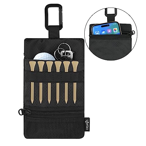 Cosmos Golf Pouch Bag Tees Holder Ball Pocket, Zippered Valuables Accessories Belt with Carabiner for Balls, Tees, Markers, Divot Tools, Phone, Keys Black