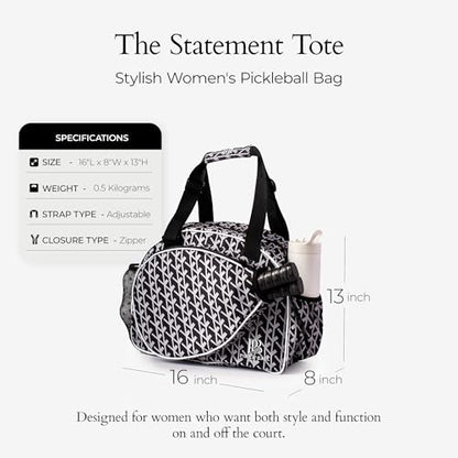 Pik’le’Ball Sport Premium Women's Pickleball Bag – Stylish and Versatile Sports Bag with Water Bottle Holder, Padded Paddle Pocket, and Spacious Design (fits 2+ Paddles!) - color: Court Couture Black