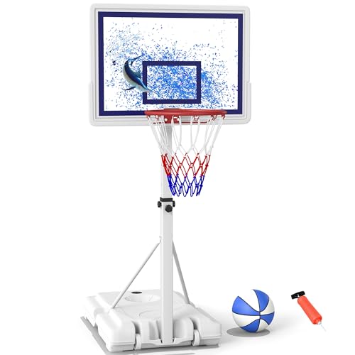 Swimming Pool Basketball Hoop with Shatterproof Backboard, Height Adjustable Basketball Hoop for Pool (3-4 FT) with 50L Fillable Base, Portable Poolside Basketball Hoop Set with Ball & Air Pump