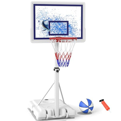 Swimming Pool Basketball Hoop with Shatterproof Backboard, Height Adjustable Basketball Hoop for Pool (3-4 FT) with 50L Fillable Base, Portable Poolside Basketball Hoop Set with Ball & Air Pump