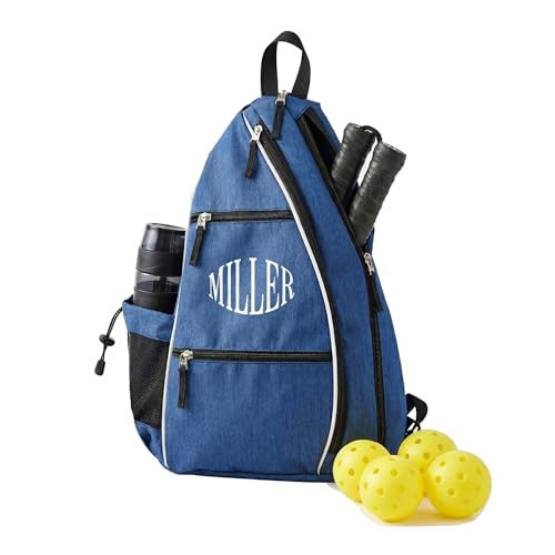 Personalized Pickleball Sling Bag Custom Paddle Backpack with Name or Logo Lightweight Durable Sports Gear Bag for Men Women Adjustable Strap Water Bottle Pocket Fence Hook Storage - color: Blue