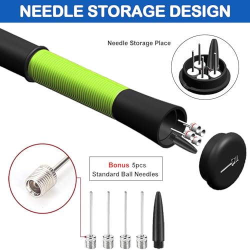 Ball Pump with Needle Storage(Never Lose Pin) Basketball Pump with 5 Needles and Extendable Cable, Soccer Football Pumps, Volleyball Pump Rugby Ball Inflator - Great for All Balls - color: Green