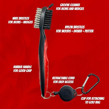 The Golfer's Workshop Golf Club Brush - 2 Ft Retractable Zip-line, Carabiner Clip, Groove Cleaner (Red)