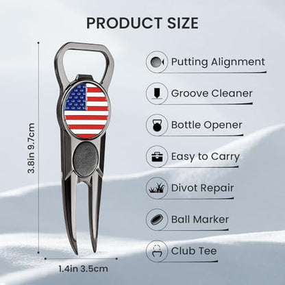 FINGER TEN Golf Divot Repair Tool and Ball Marker 7-in-1 Value 2 Pack, Premium Leather Grip Tools with Belt Clip, Club Tee, Club Groove Cleaner, Bottle Opener, Putting Alignment Guide - color: Glossy Black
