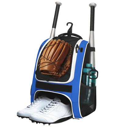 LARIPOP Youth Baseball Bag, Bat Backpack with Fence Hook & Separate Shoe Compartment, Waterproof Equipment Bag for Baseball, T-Ball & Softball - color: Blue White