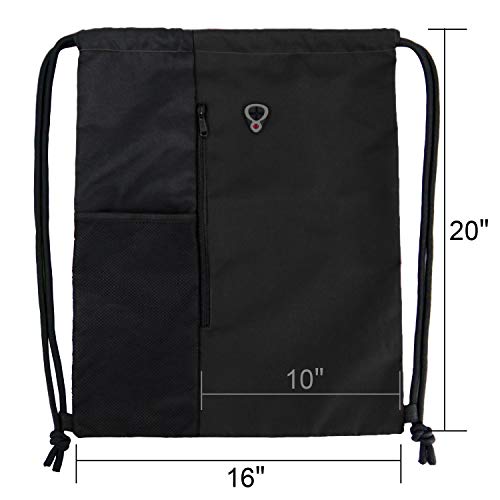 BeeGreen Black Drawstring Backpack Gym Bag For Men Women String Sports Backpack With Water Bottle Mesh Pockets And 2 Zippered Pocket Large Cinch Sackpack Workout Bag 16" x 20" - color: Black, style: Drawstring With Mesh Pocket