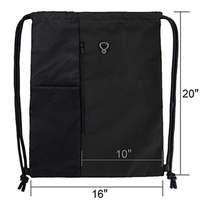 BeeGreen Black Drawstring Backpack Gym Bag For Men Women String Sports Backpack With Water Bottle Mesh Pockets And 2 Zippered Pocket Large Cinch Sackpack Workout Bag 16" x 20" - color: Black, style: Drawstring With Mesh Pocket