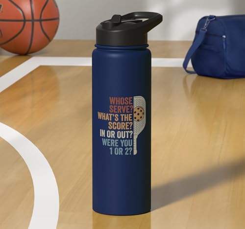 Whose Serve What's the Score Funny Pickleball Questions Stainless Steel Insulated Water Bottle - color: Navy Blue