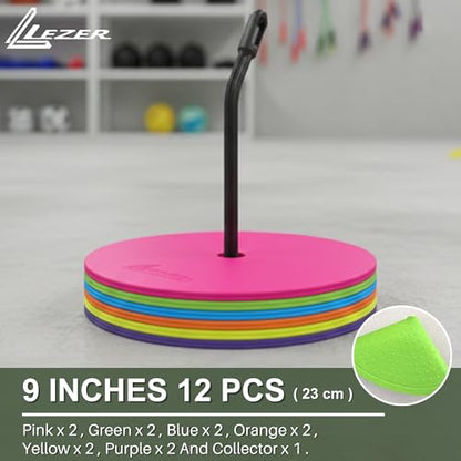 LEZER 9 Inch Flat Cones, Spot Markers, Soccer Cones, Field Court Markers, Sit Spots, Flat Discs, Soccer Training Equipment, Agility Practice, Football, Made in Taiwan - style: 9 inch with 12 pcs