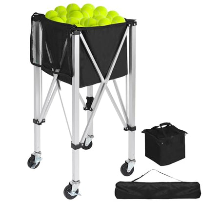 Portable Tennis Ball Hopper Holds 180 Balls, Tennis Ball Basket Cart with 4 Wheels & Brakes, Detachable Oxford Fabric Bag for Tennis and Pickleball Training, Black - color: Silver Aluminum