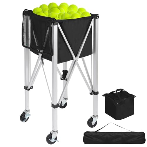 Portable Tennis Ball Hopper Holds 180 Balls, Tennis Ball Basket Cart with 4 Wheels & Brakes, Detachable Oxford Fabric Bag for Tennis and Pickleball Training, Black - color: Silver Aluminum