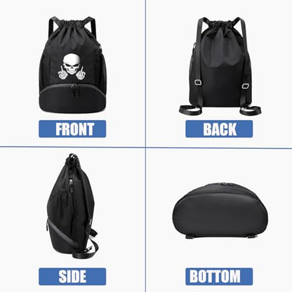 FOECBIR Basketball Drawstring Backpack with Independent Shoe Pocket & Drawstring Bag Wet Dry Separation, Water Resistant Sports Bag with Side Mesh Pockets for Men Women (Skeleton Skull) - color: Skeleton Skull