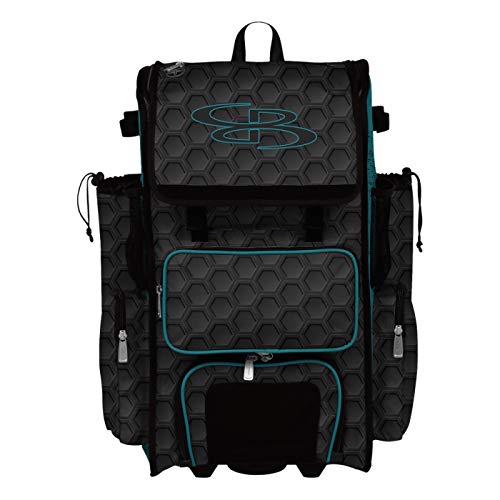 Boombah Rolling Superpack 2.0 3DHC Baseball/Softball Gear Bag - 23-1/2" x 13-1/2" x 9-1/2" - Multiple Colors - Telescopic Handle and Holds 4 Bats - Wheeled Version - color: Black/Teal