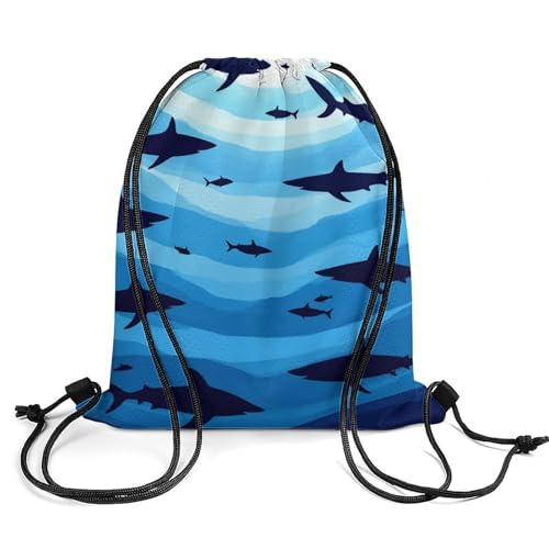 Lightweight Drawstring Sackpack Sports Backpack Waterproof for Gym Travel Hiking Men Women Durable Polyester, Sharks Fish Pattern Sky Blue Bags - color: Picture (756)