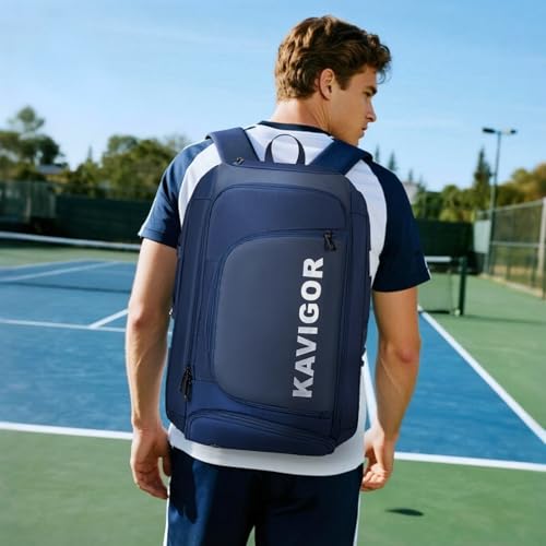 KAVIGOR Pickleball Bag, Large Pickleball Backpack Holds 4 to 6 Paddles, Shoes Compartment & Wet/Dry Pocket (9 Pockets), Charge Port - color: Blue