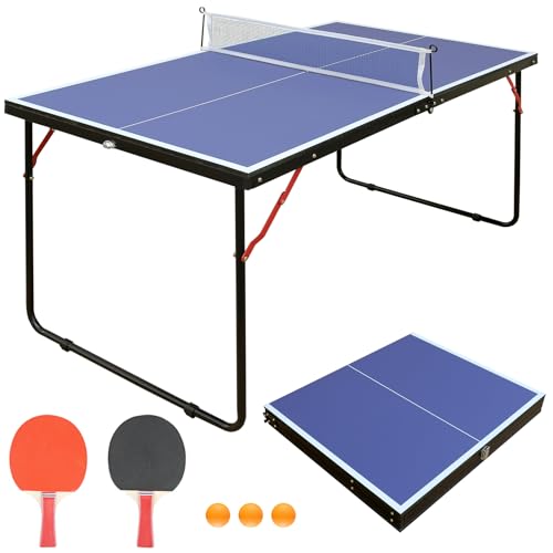 Table Tennis Table Mid-Size, Foldable Ping Pong Table Top Full Size with 2 Paddles, 2 Balls, 1 Net & 4 Wheels, Folding Table Tennis for Indoor & Outdoor, Quick Assembly to Support Multiplayer