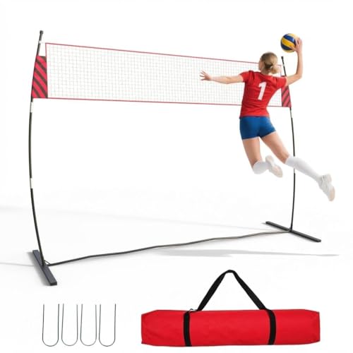 Portable Freestanding Volleyball Net Set Adjustable Height Height 7.4' to 8 Training Net with Carry Bag & Ground Stakes Indoor & Outdoor Use Ideal for Backyard Beach Park Training Use - color: Red