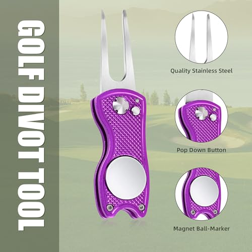 Mile High Life Golf Divot Repair Tool, All Metal Foldable Divot Tool with Pop-up Button & Magnetic Ball Marker, 2-6 Pack - color: 2 Pack (Black/Purple)