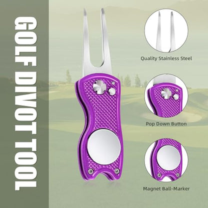 Mile High Life Golf Divot Repair Tool, All Metal Foldable Divot Tool with Pop-up Button & Magnetic Ball Marker, 2-6 Pack - color: 2 Pack (Black/Purple)