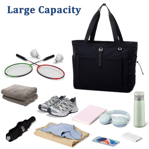 Tennis Gym Bag for Women, Tennis Tote Bag with Shoe Compartment & Wet Pocket, Tennis Racket Bag Holds 2-4 Rackets, Weekend Bag with Laptop Compartment for Men & Women - color: Black