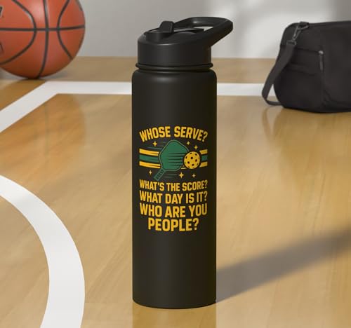 Funny Pickleball Paddle Whose Serve? What's The Score? What Stainless Steel Insulated Water Bottle - color: Black