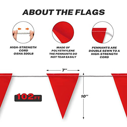 Caution Barricade Flags (102FT string) Warn of hazardous areas, traffic control.Marking construction sites, scaffolding, sporting events, private property.